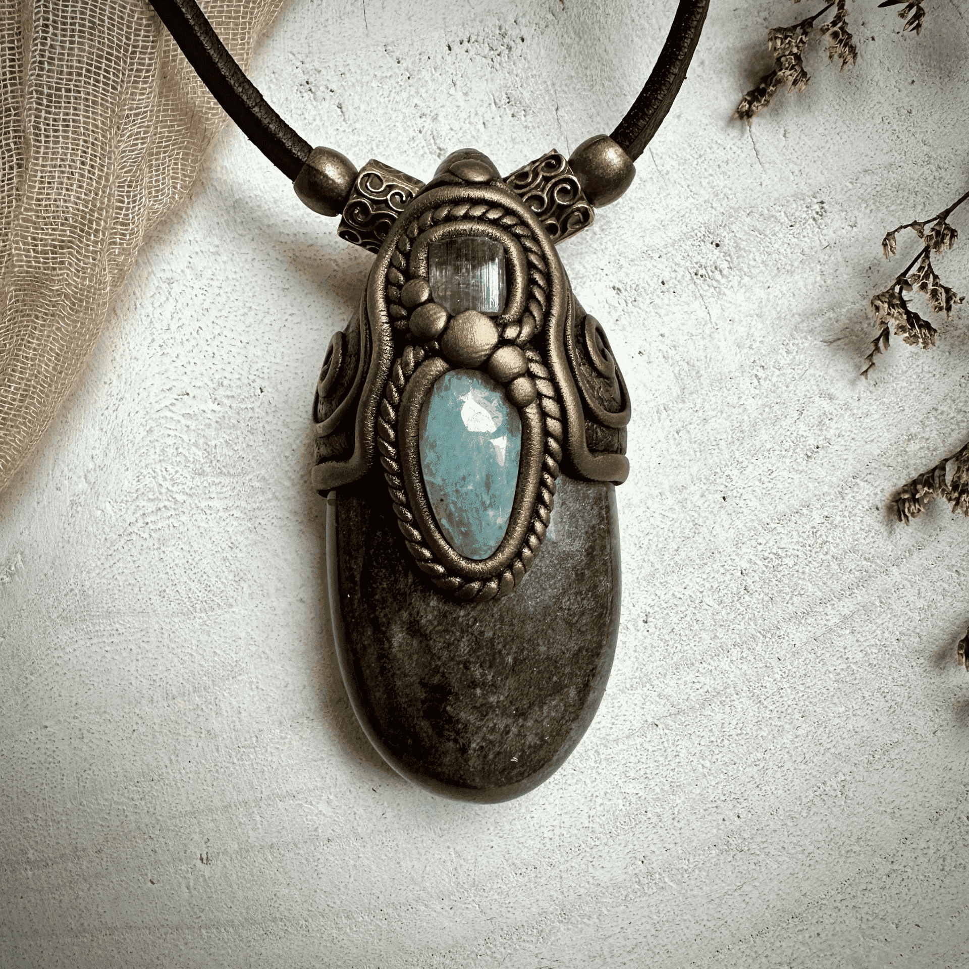 Silver Obsidian Pink Tourmaline and Aquamarine Necklace - FairyGardenGlow