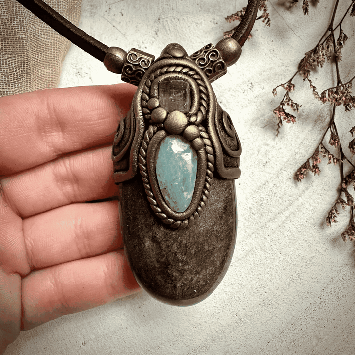 Silver Obsidian Pink Tourmaline and Aquamarine Necklace - FairyGardenGlow