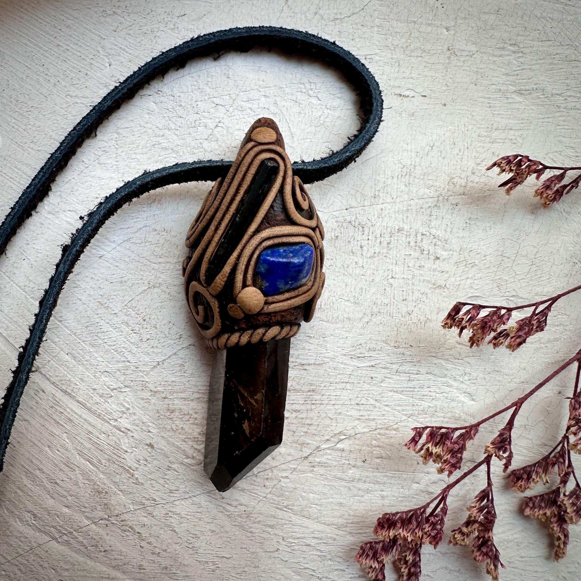 Smoky Quartz Aegirine and Lapis Lazuli Pendant Necklace - FairyGardenGlow