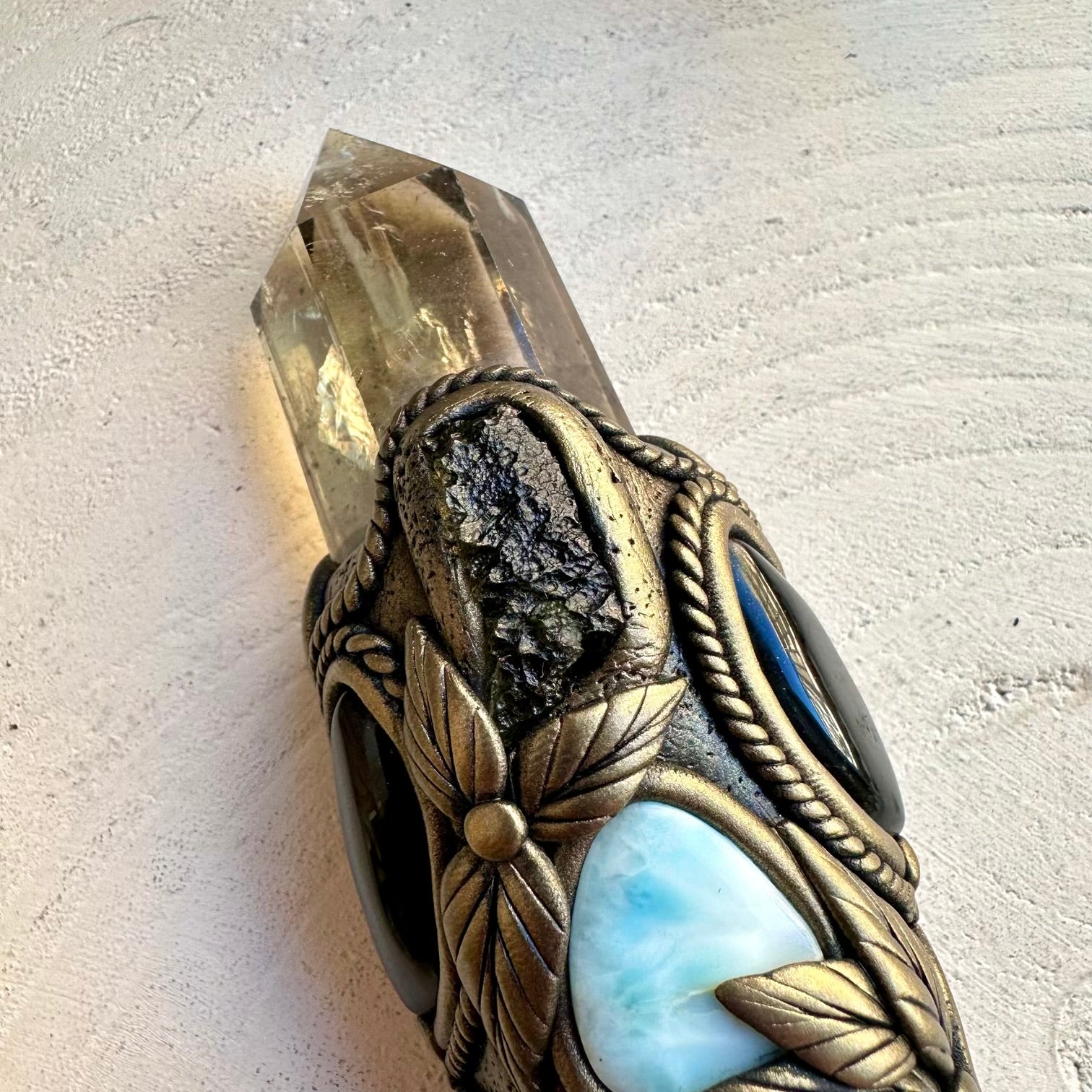 Handmade spiritual wand with smoky quartz and larimar
