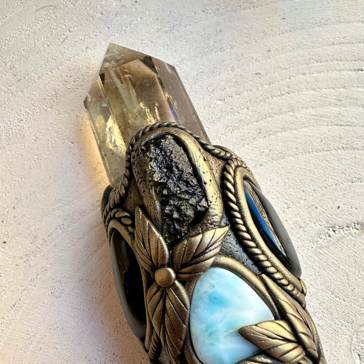 Handmade spiritual wand with smoky quartz and larimar