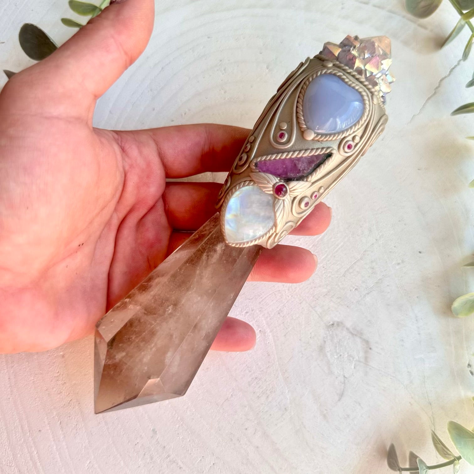 Handmade crystal wand with Smoky Quartz Angel Aura Spirit Quartz Blue Chalcedony Heart Watermelon Tourmaline Rainbow Moonstone Rhodolite Garnet and Ruby