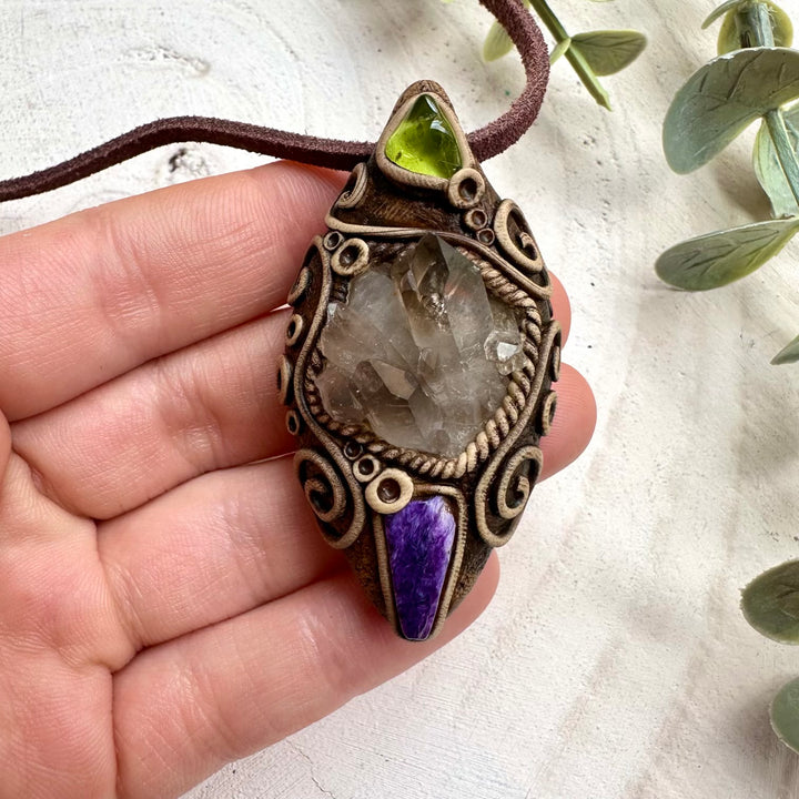 Handmade necklace with smoky quartz charoite and peridot