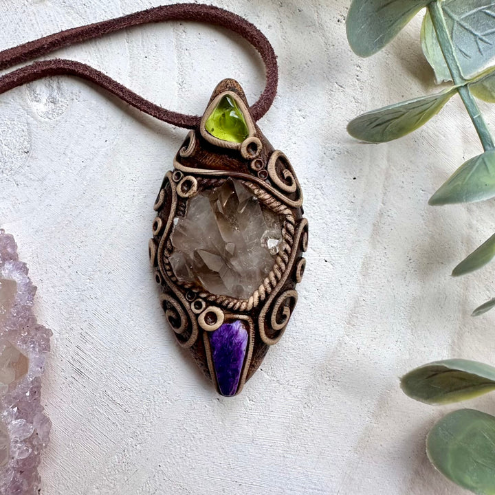Smoky quartz with charoite and peridot pendant necklace