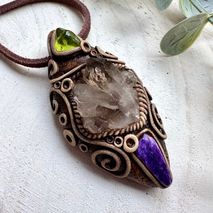 Smoky quartz charoite and peridot unisex spiritual jewelry