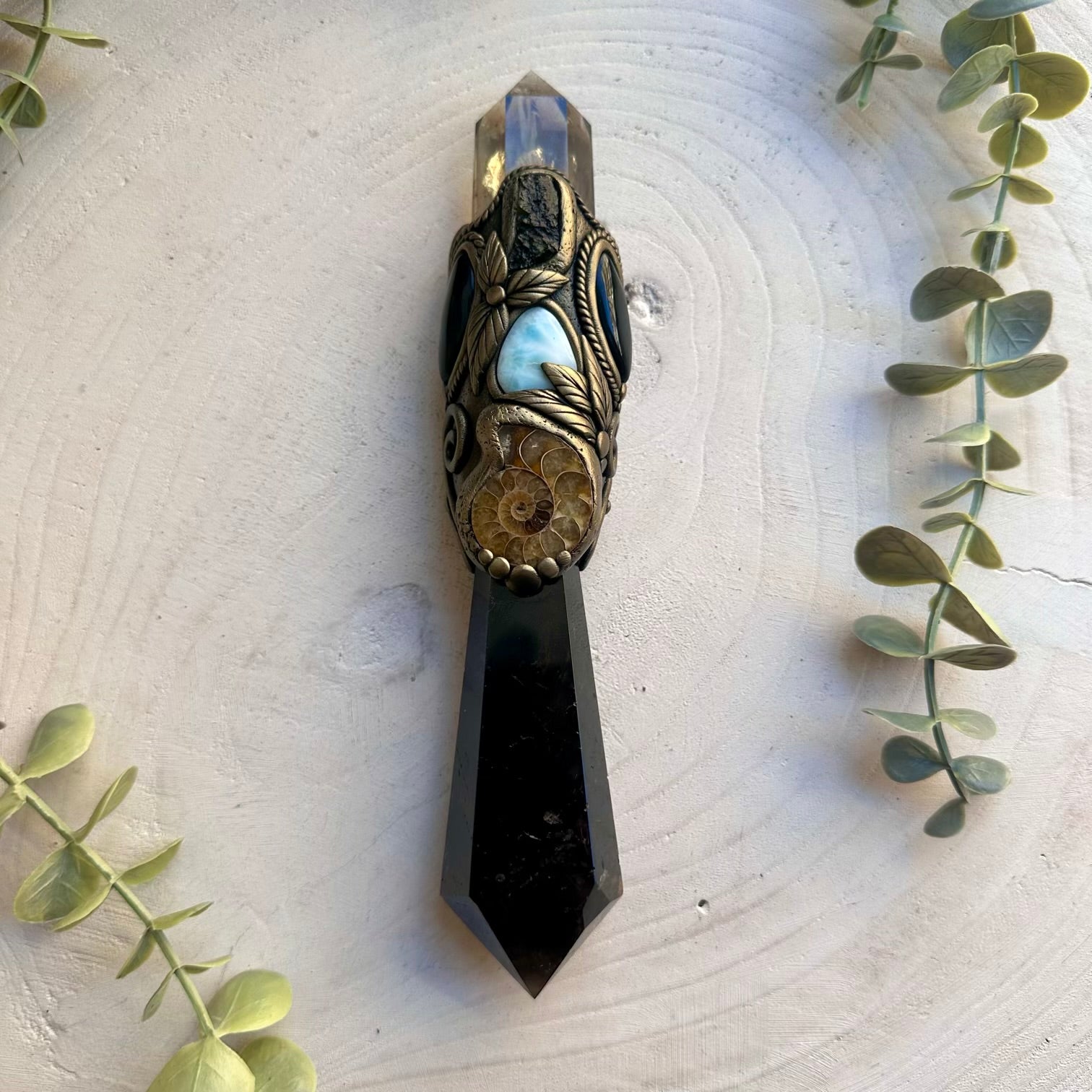 Handmade crystal wand featuring smoky quartz and black onyx for protection