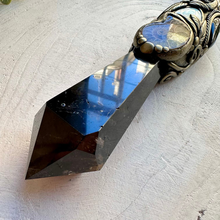 Smoky quartz crystal wand with ammonite and black onyx for ritual use
