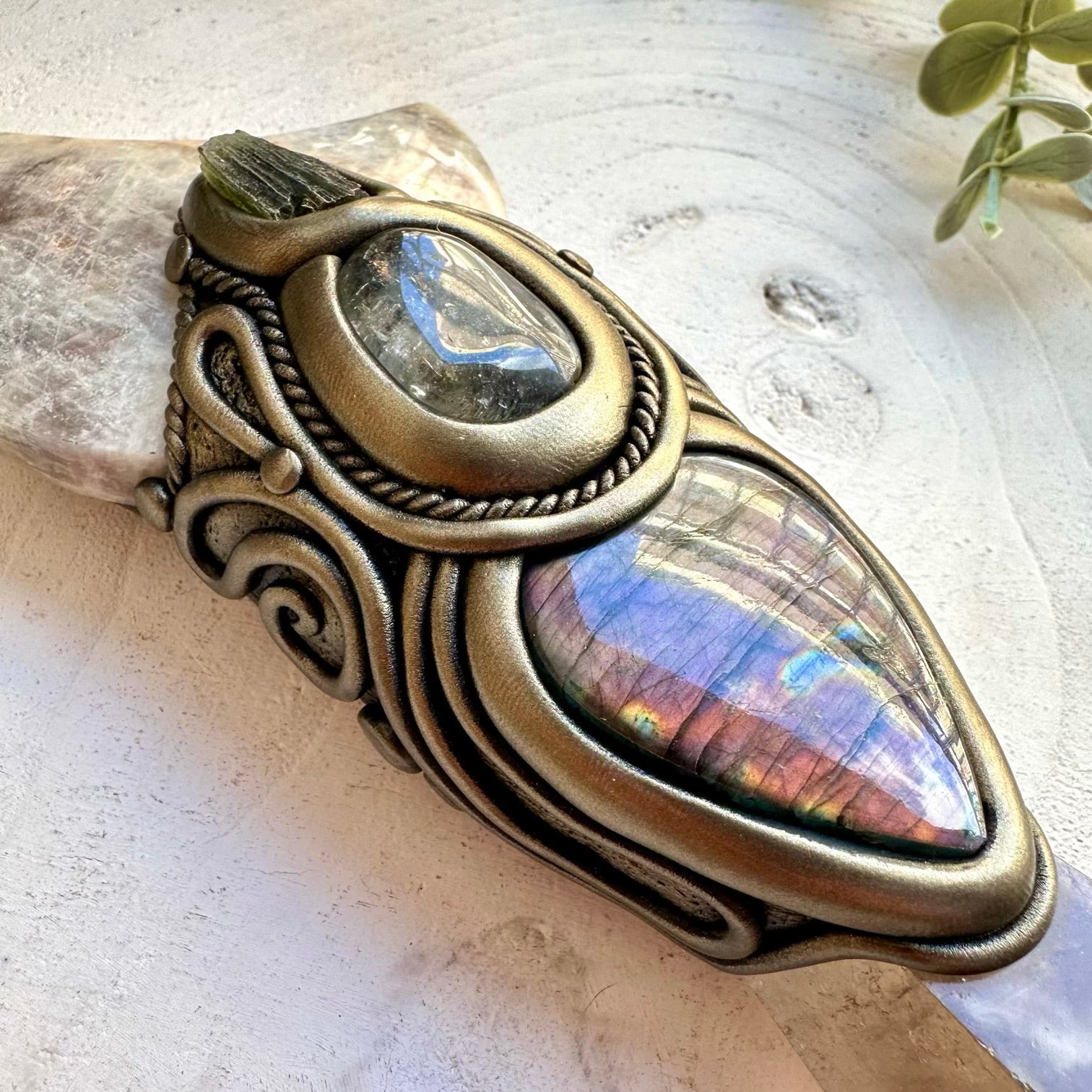 One of a kind smoky quartz wand with moonstone moon detail