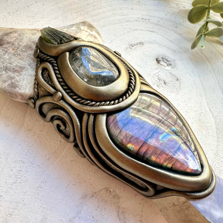 One of a kind smoky quartz wand with moonstone moon detail