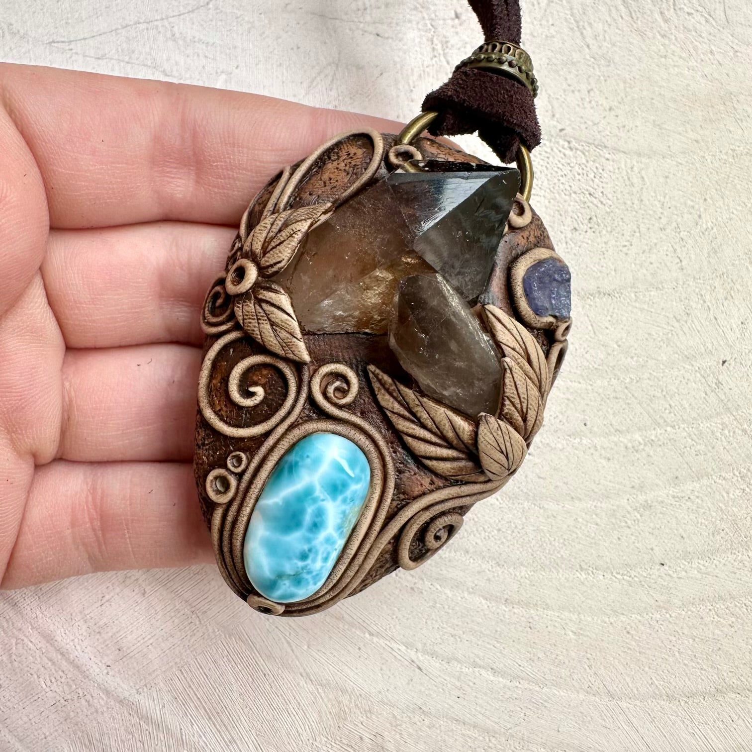 Smoky quartz cluster with larimar and tanzanite pendant necklace