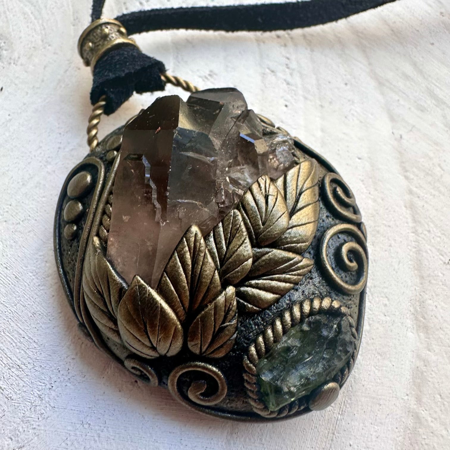 Smoky Quartz Cluster and Moldavite pendant necklace handmade with natural gemstones