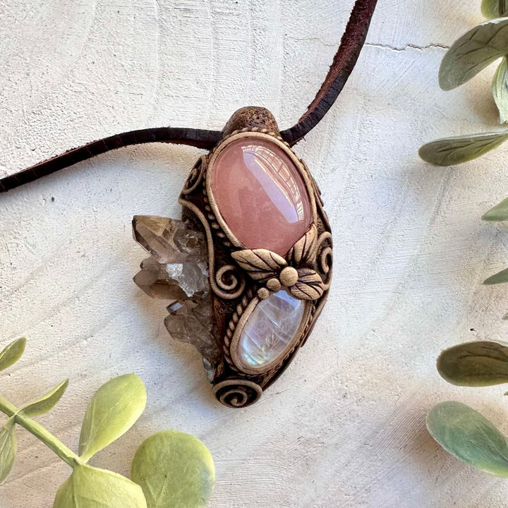 Smoky quartz cluster with rose quartz and rainbow moonstone necklace