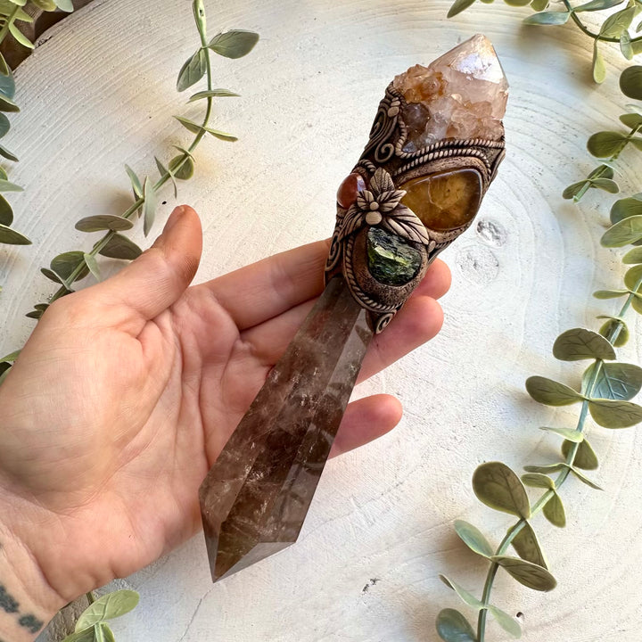 Smoky quartz crystal wand with spirit quartz and moldavite