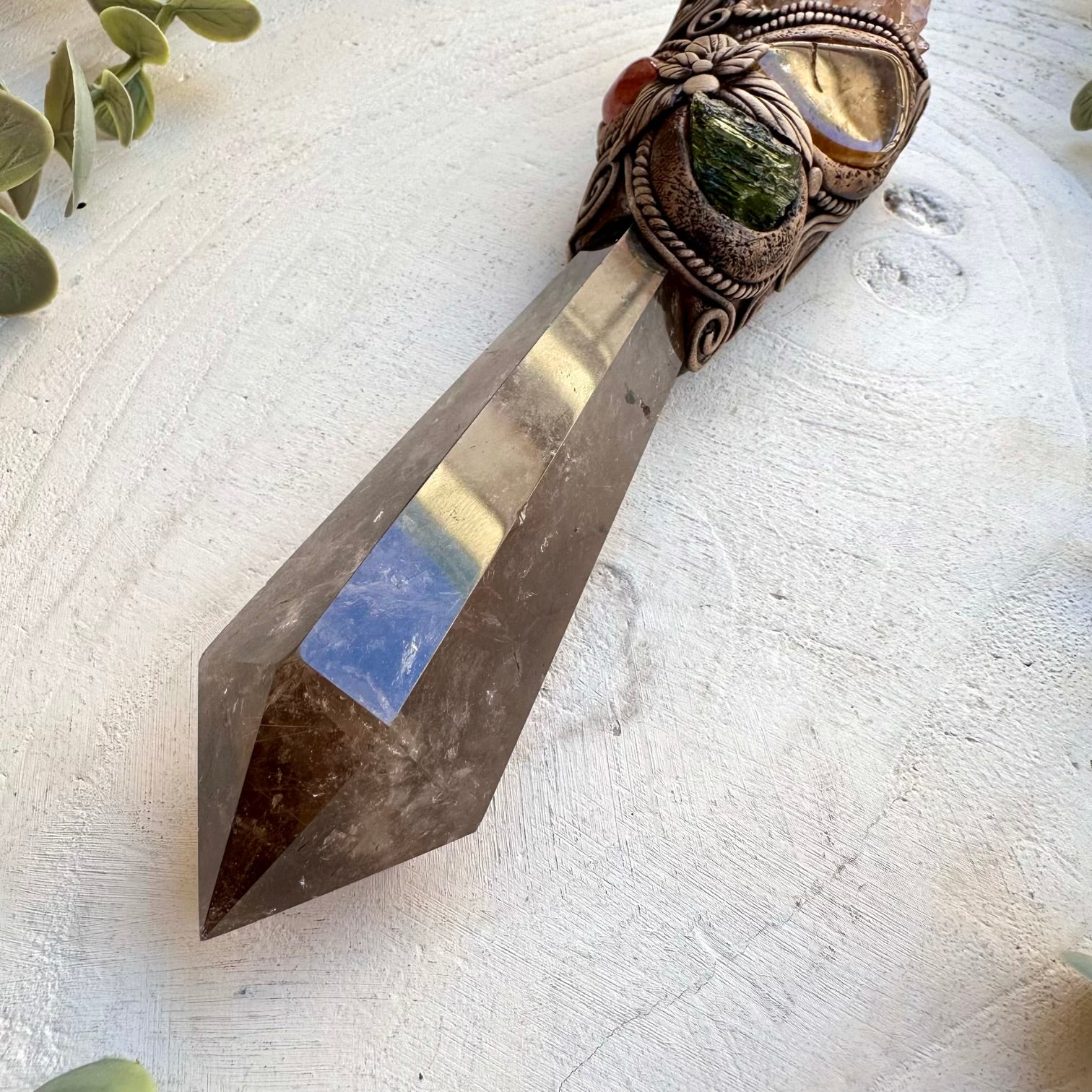 Ritual crystal wand with smoky quartz and sunstone