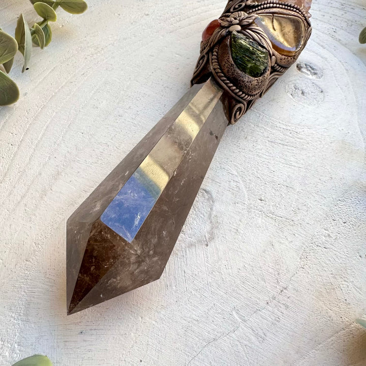 Ritual crystal wand with smoky quartz and sunstone
