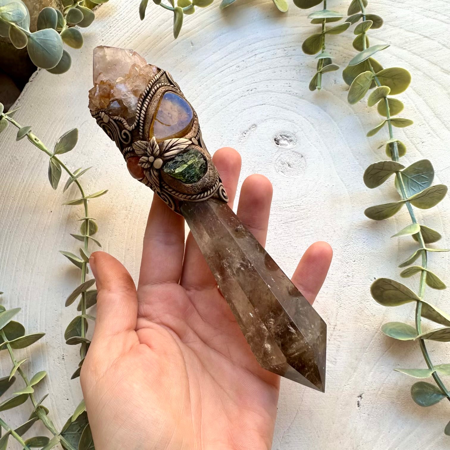 Smoky quartz healing crystal wand for spiritual practice