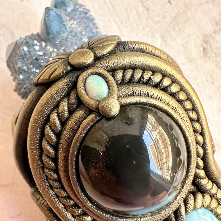 Smoky Quartz crystal wand designed as a Wiccan altar and ritual tool with natural crystals and gemstones.