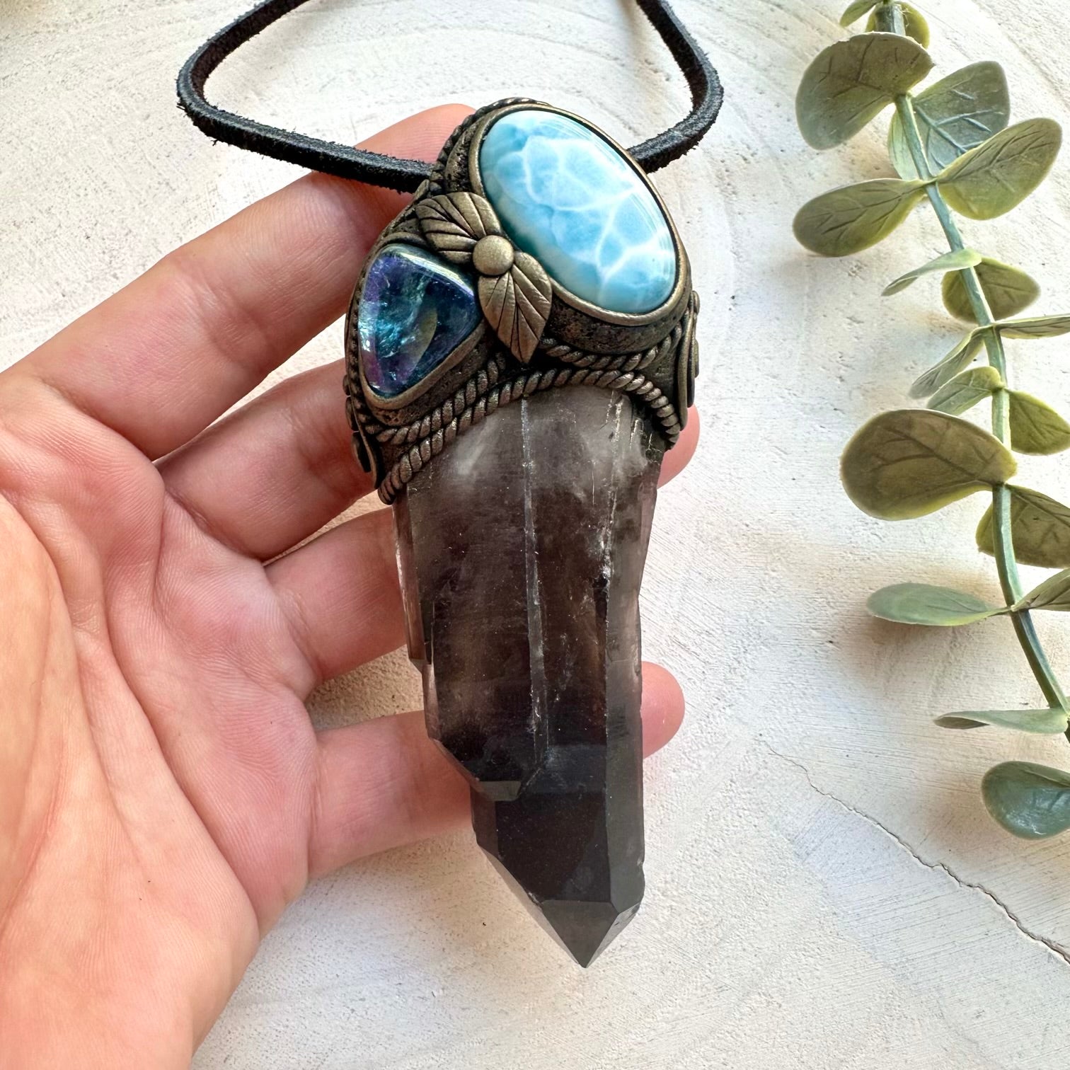 Healing crystal wand necklace with smoky quartz and larimar