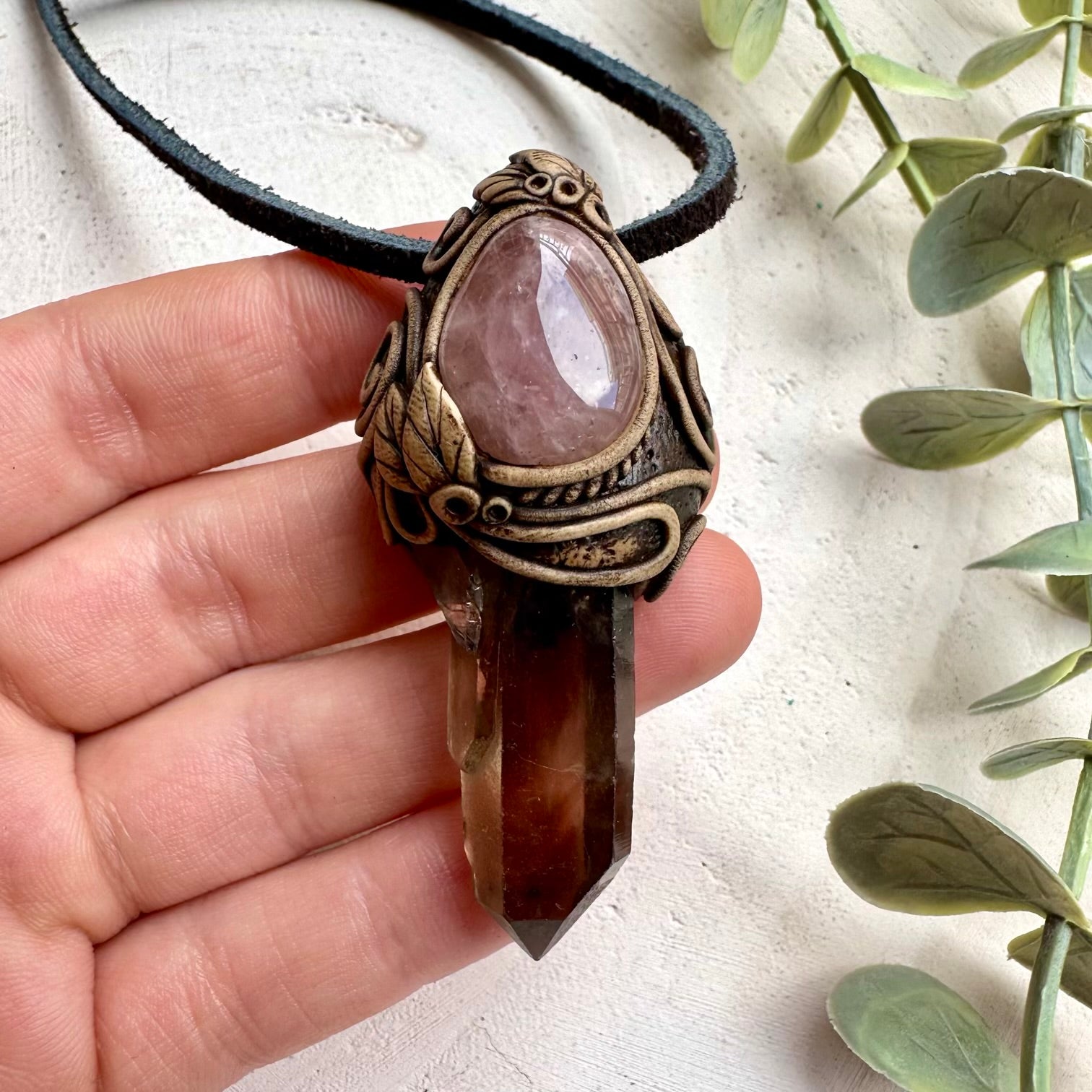 Smoky quartz and lavender quartz pendant necklace