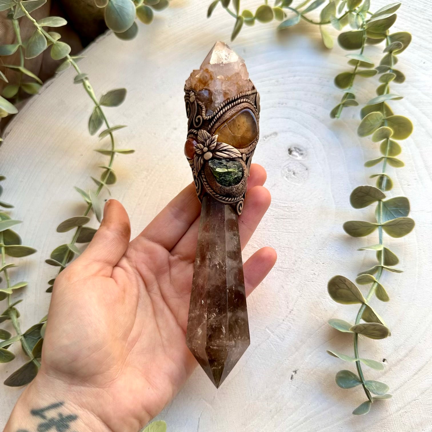 Manifestation wand with citrine sunstone and moldavite