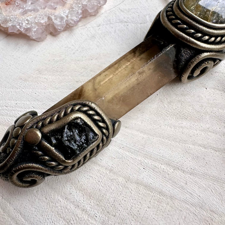 Energy wand pendant with moldavite and topaz