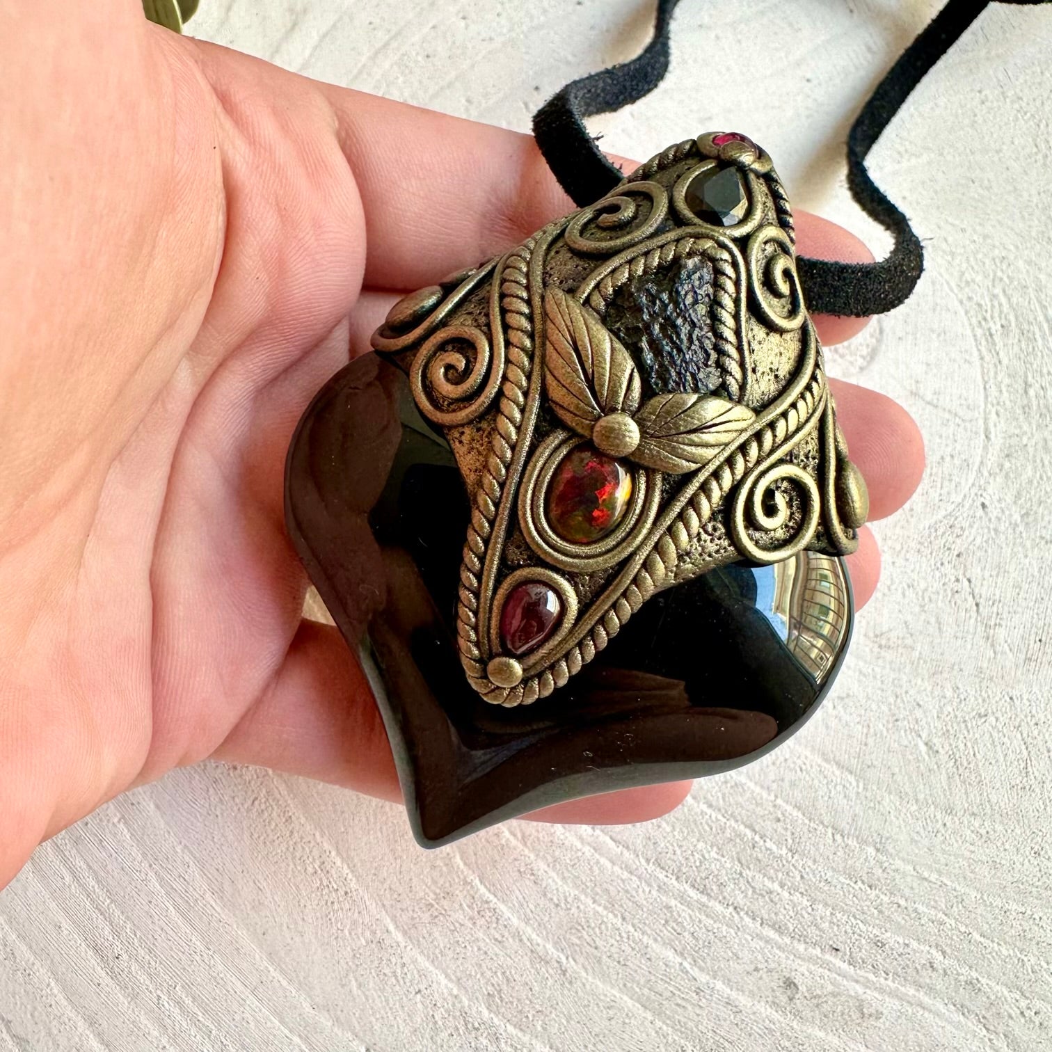 One of a kind crystal talisman featuring Rainbow Obsidian and natural Moldavite gemstones.