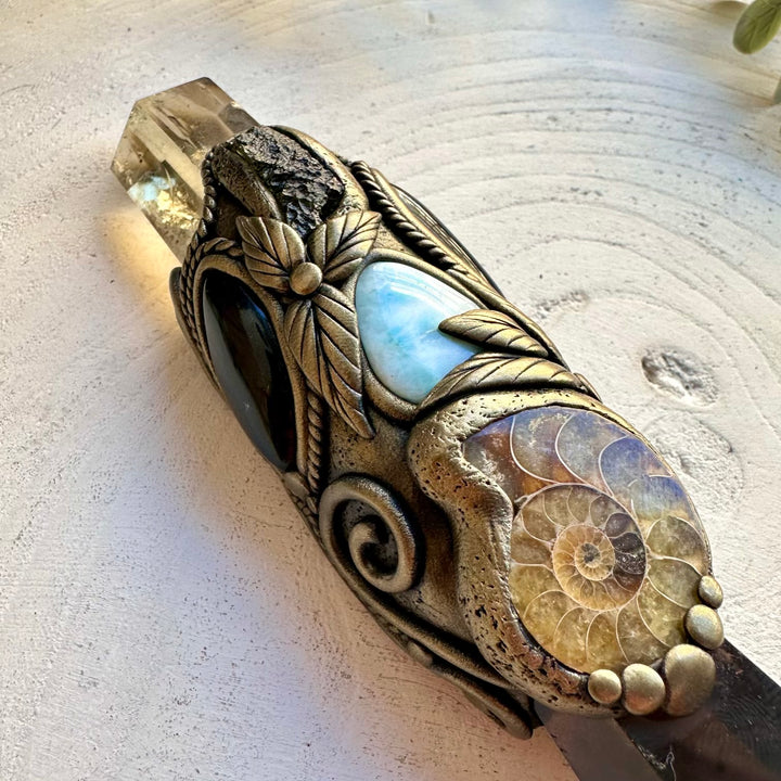 Energy healing wand featuring smoky quartz and moldavite