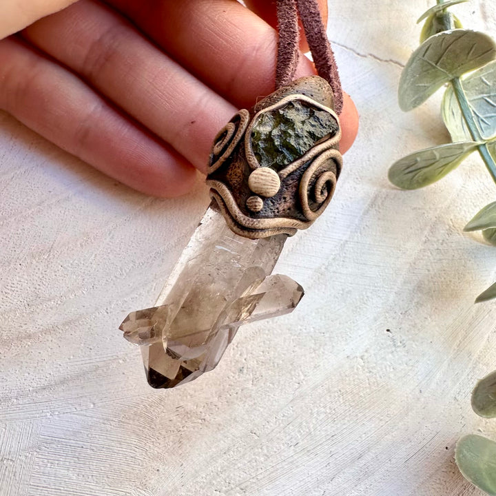 One of a kind smoky quartz and moldavite gemstone necklace