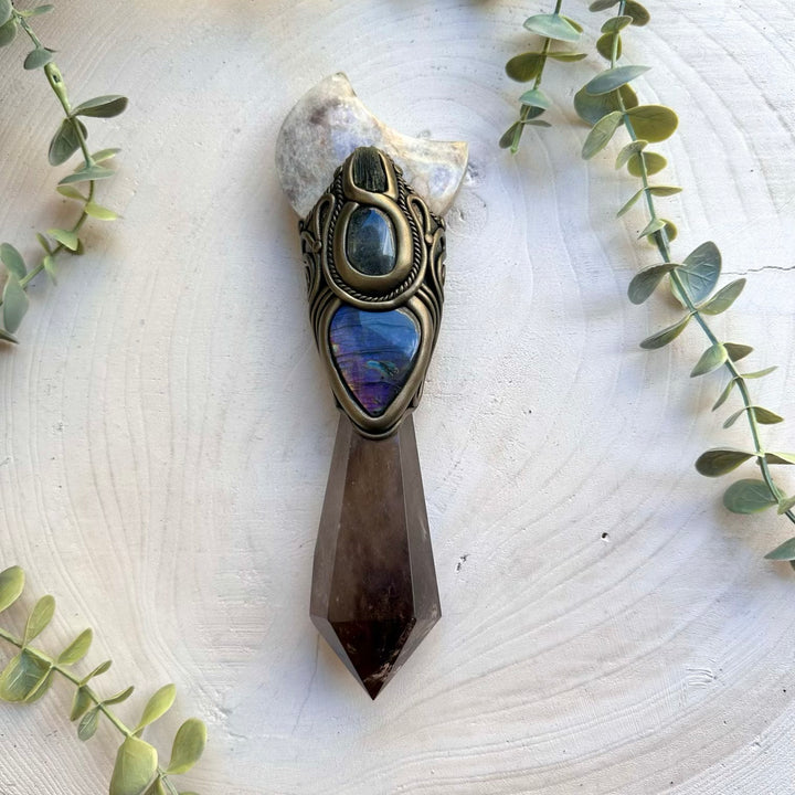 Handmade spiritual wand featuring smoky quartz and labradorite