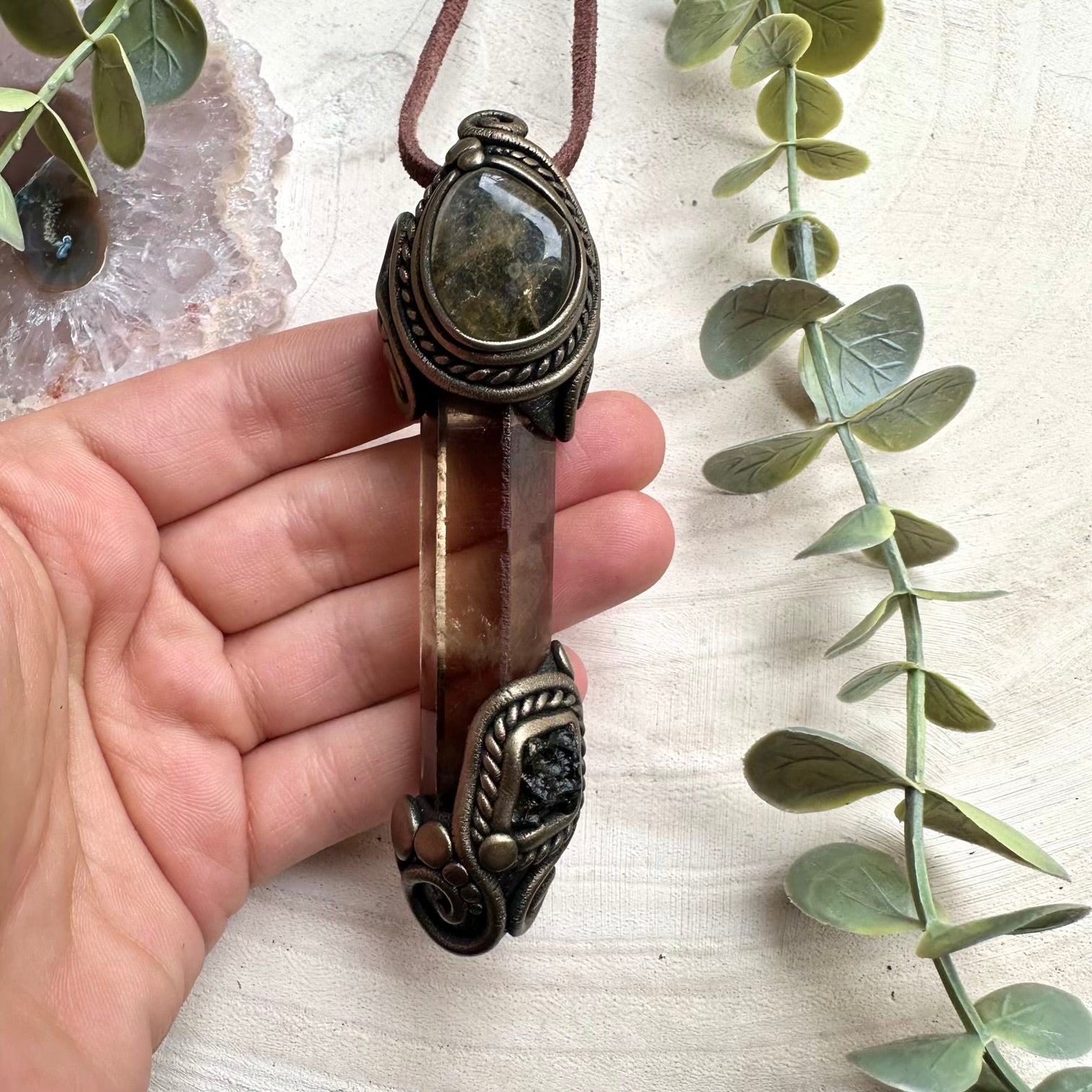 Smoky quartz moldavite and topaz crystal wand pendant necklace