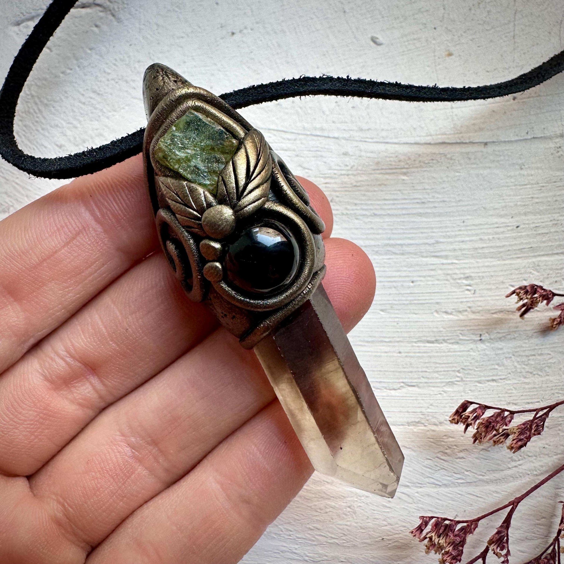 Smoky Quartz Onyx and Peridot Pendant Necklace - FairyGardenGlow