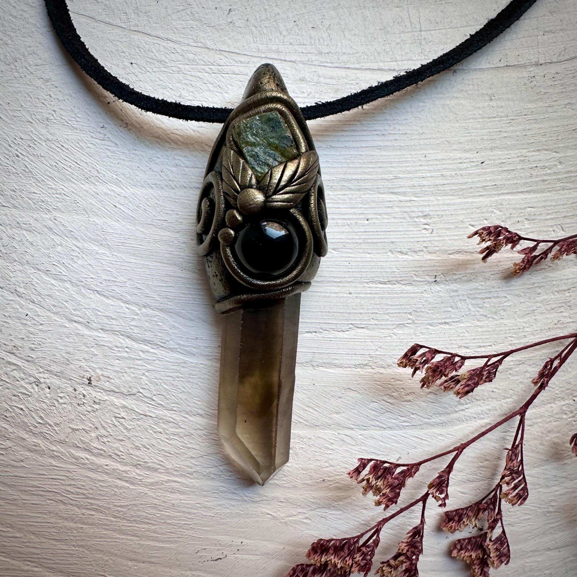 Smoky Quartz Onyx and Peridot Pendant Necklace - FairyGardenGlow