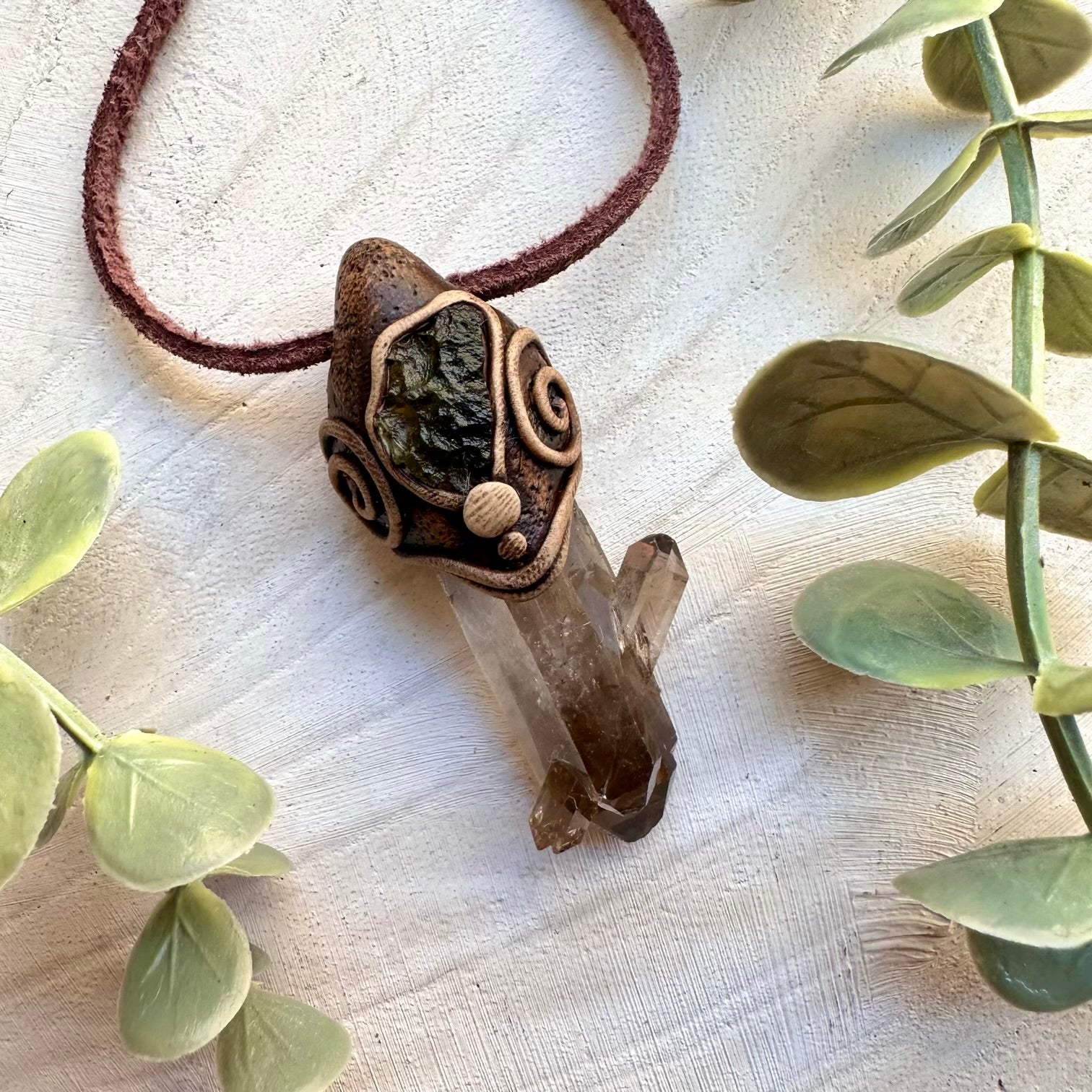 Smoky quartz and raw moldavite unisex pendant necklace