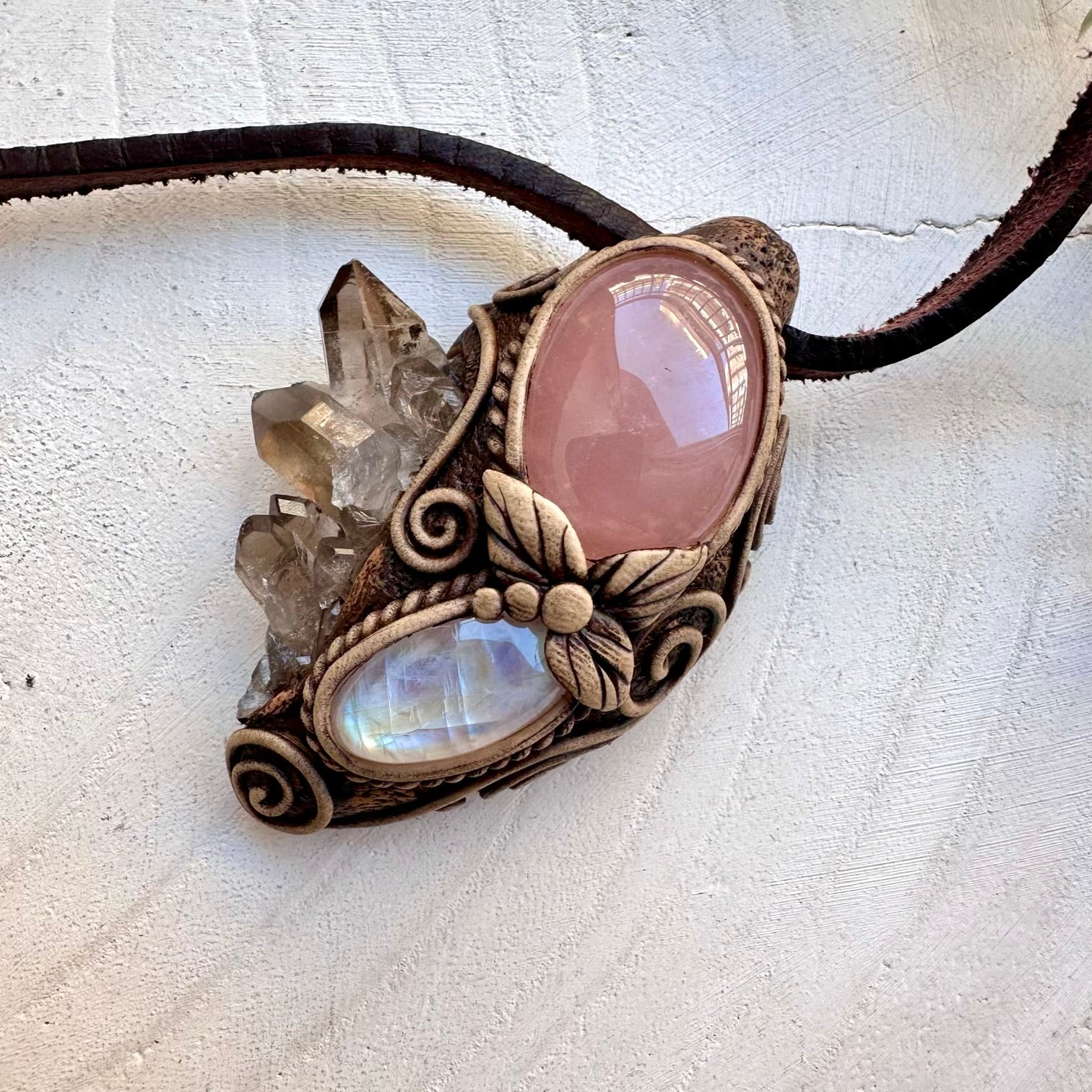 Healing crystal jewelry combining smoky quartz and rose quartz
