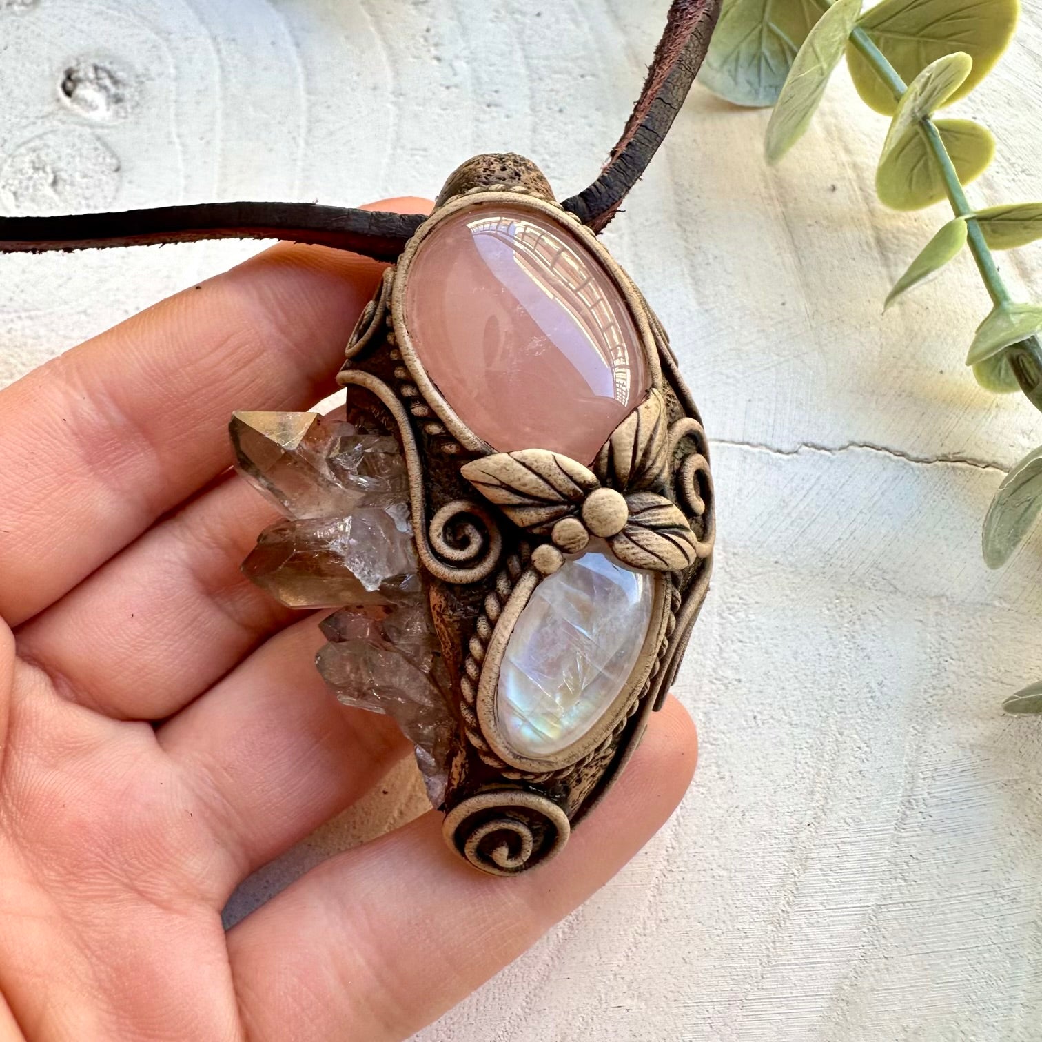 Handmade healing crystal necklace with smoky quartz and rose quartz