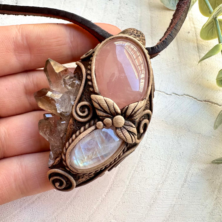 Unique smoky quartz cluster crystal pendant necklace