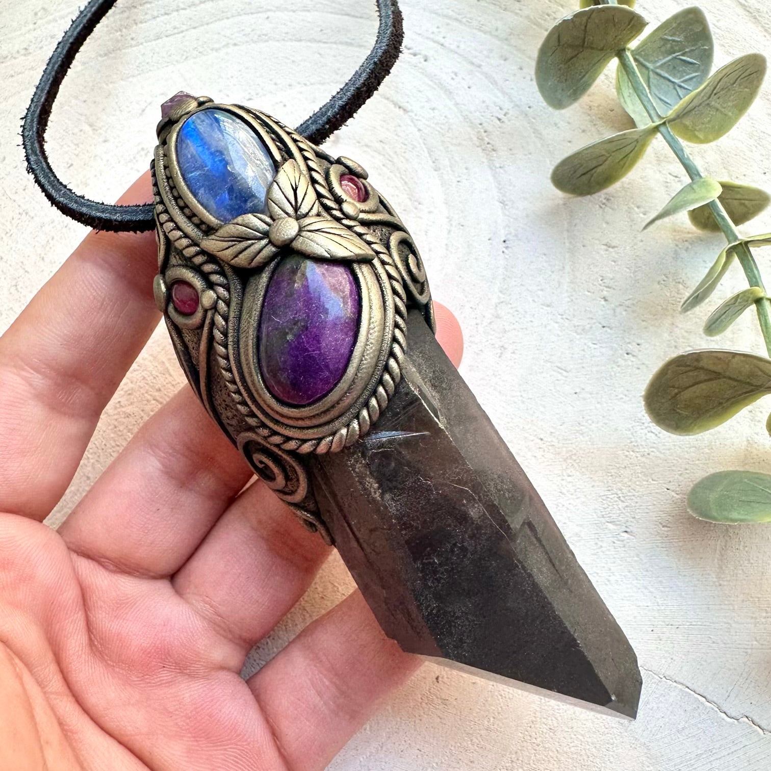 Healing crystal wand necklace with smoky quartz and ruby
