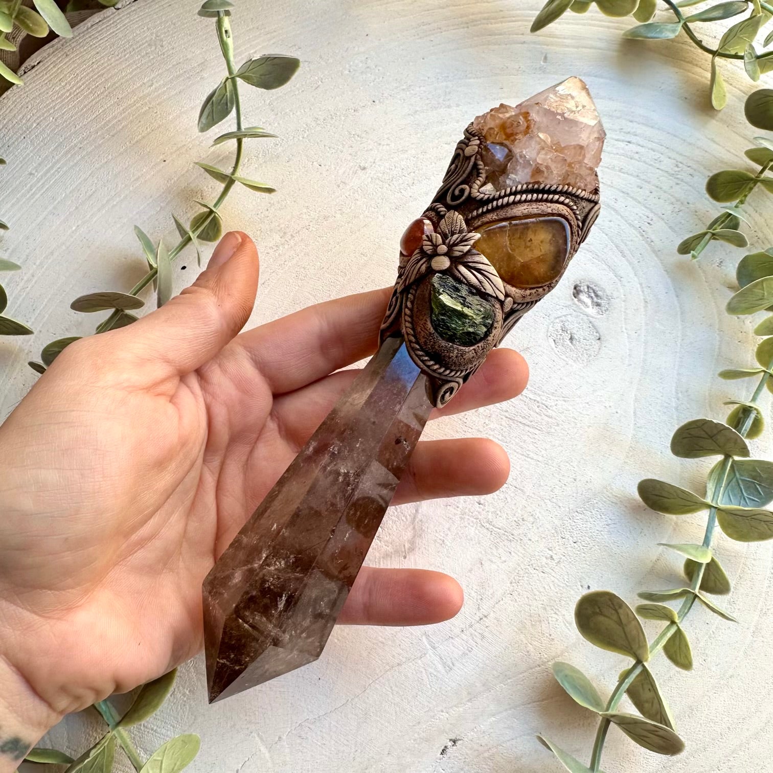 Handmade crystal wand altar tool with smoky quartz and citrine