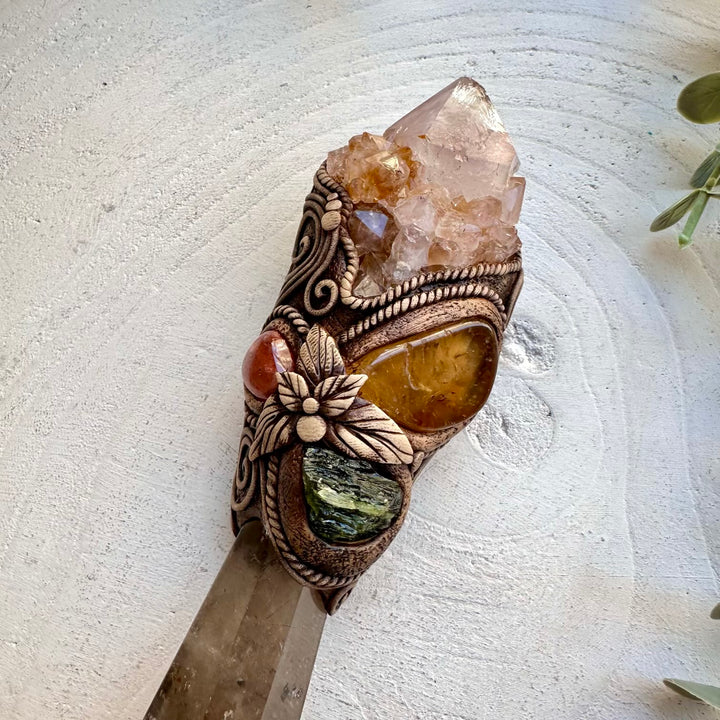Moldavite and smoky quartz crystal wand for transformation