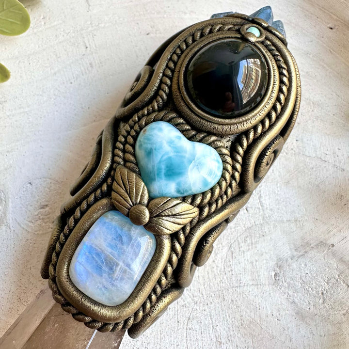 Handmade energy healing tool crafted with Smoky Quartz, Rainbow Obsidian and Rainbow Moonstone.