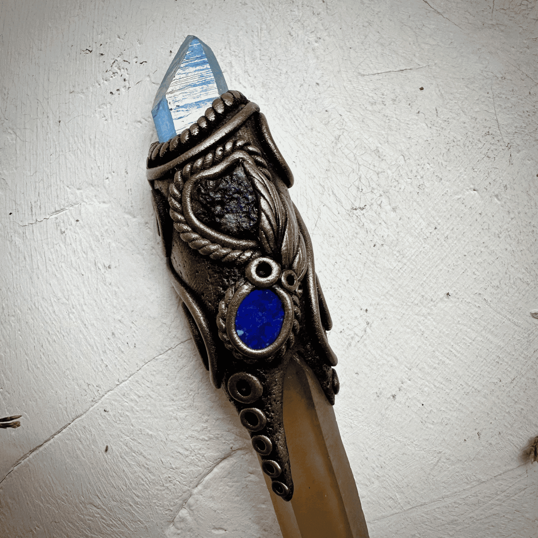 Long Smoky Citrine Point with Aqua Aura Quartz Moldavite and Black Australian Opal Doublet Wand - FairyGardenGlow