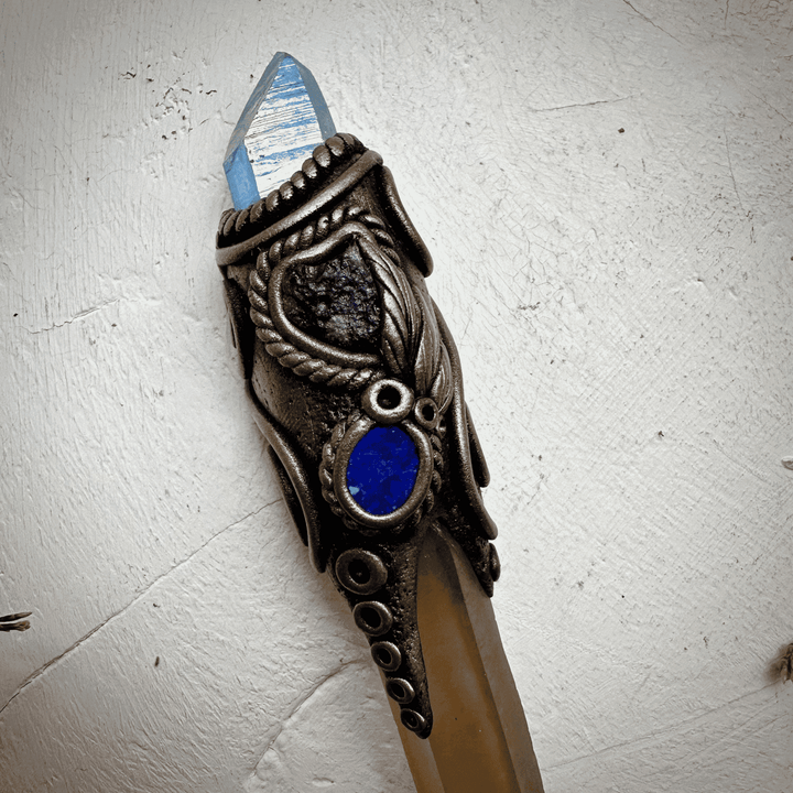 Long Smoky Citrine Point with Aqua Aura Quartz Moldavite and Black Australian Opal Doublet Wand - FairyGardenGlow