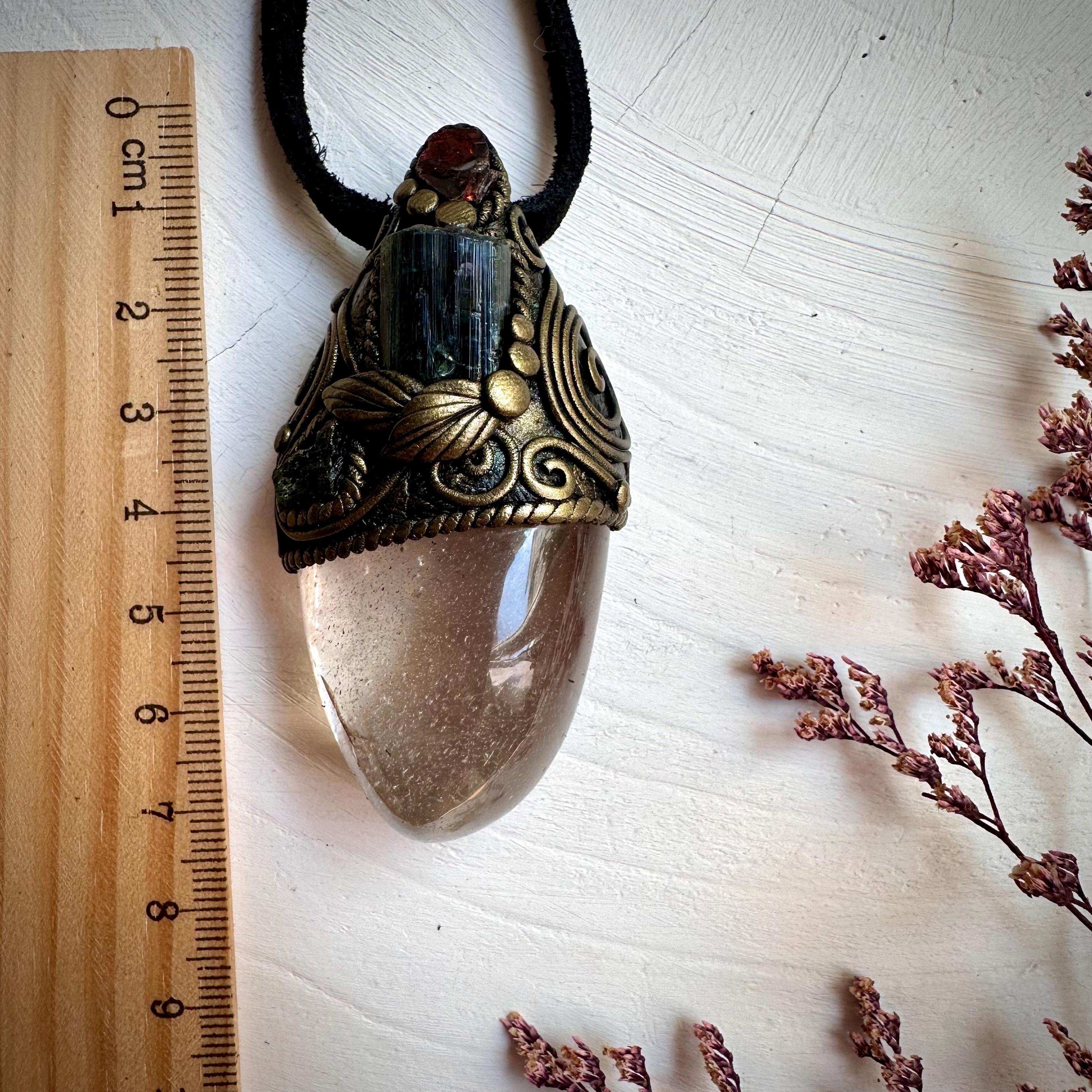 Light Smoky Quartz Green Tourmaline Red Garnet and Moldavite Pendant Necklace - FairyGardenGlow