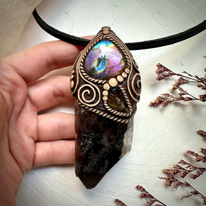 Smoky Quartz Labradorite and Moldavite Wand / Pendant - FairyGardenGlow
