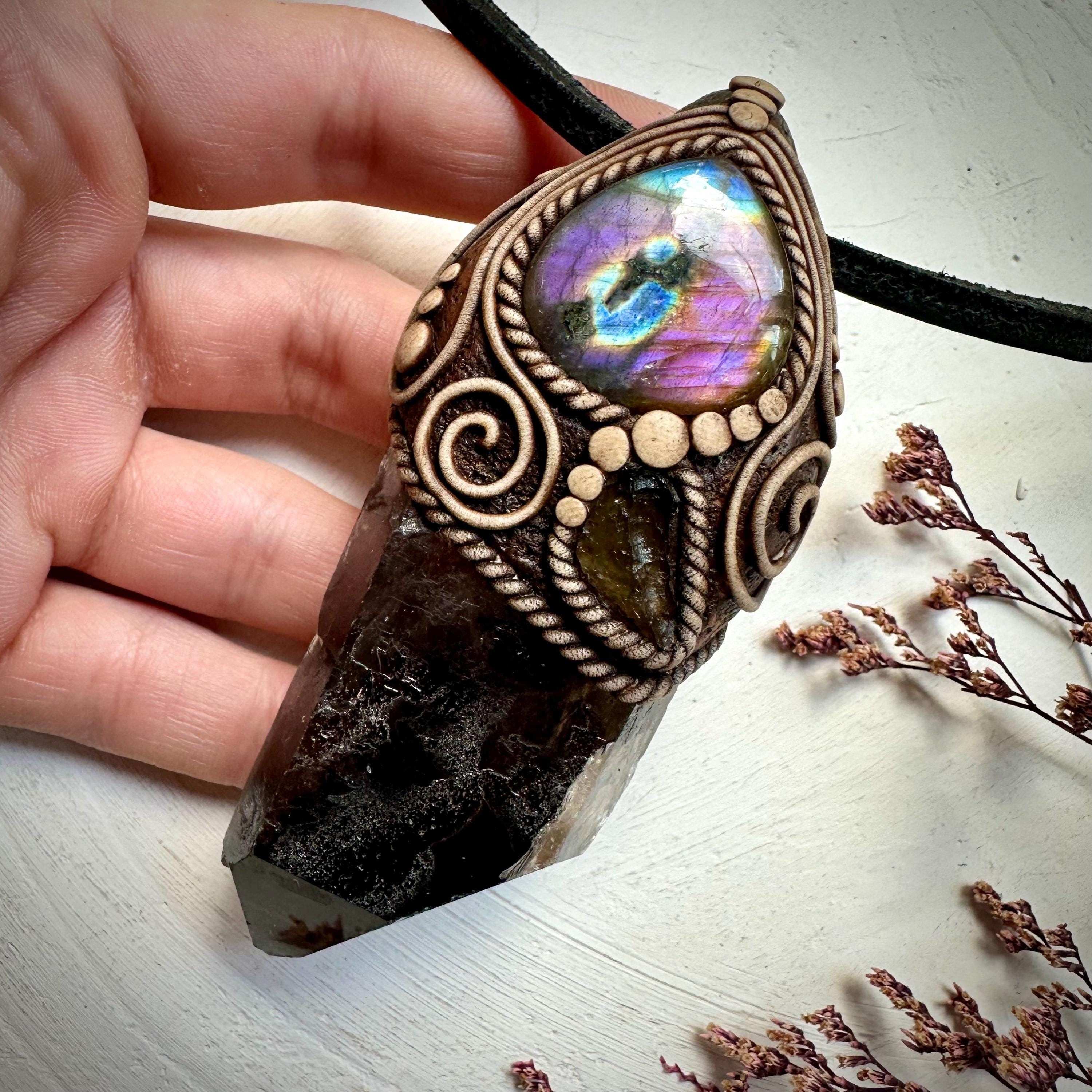 Smoky Quartz Labradorite and Moldavite Wand / Pendant - FairyGardenGlow