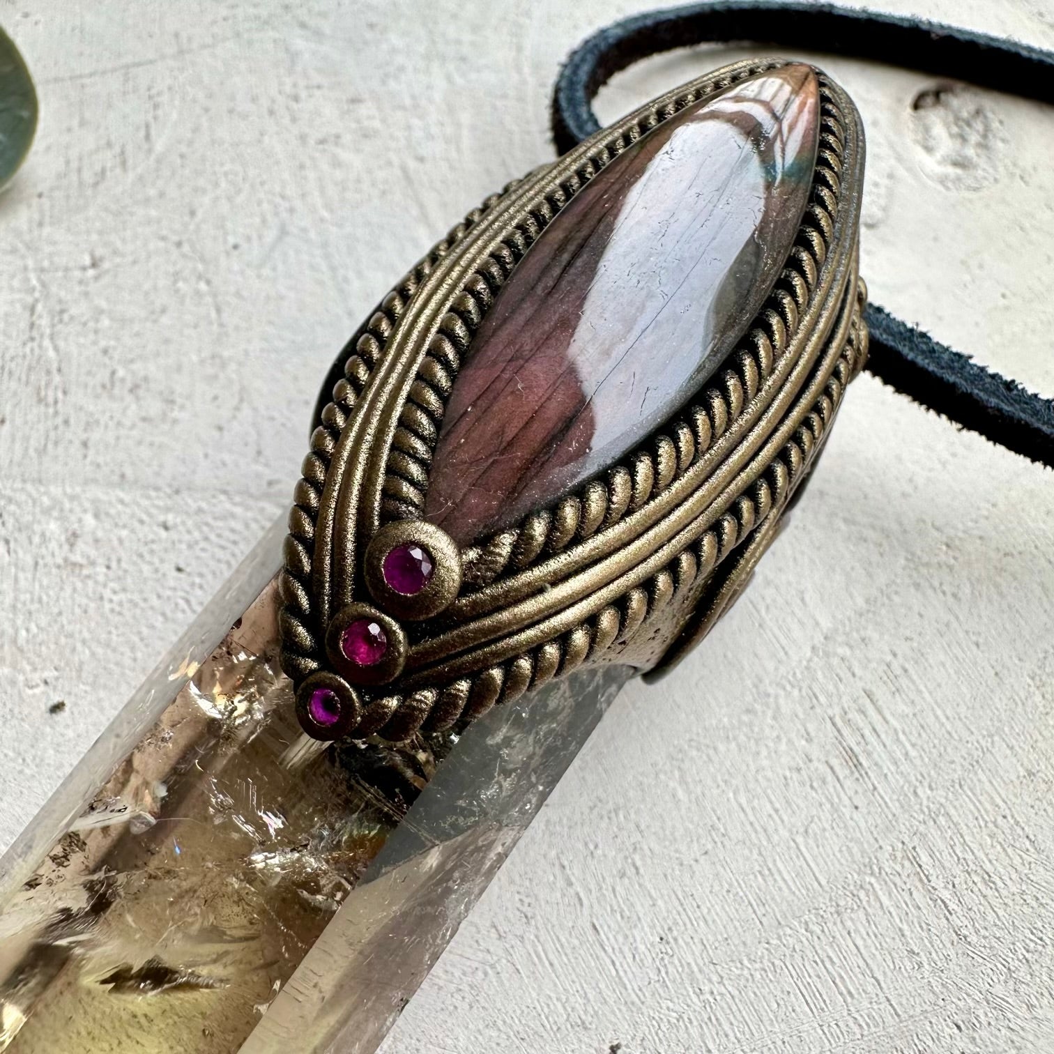 Natural gemstone necklace with citrine point and ruby