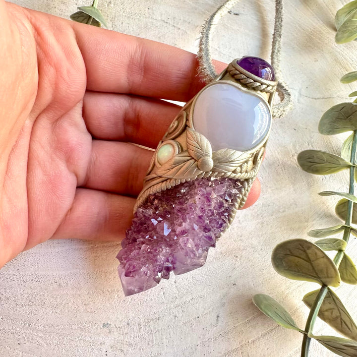Handmade metaphysical healing tool featuring Spirit Quartz, Amethyst, Blue Chalcedony and Ethiopian Opal.