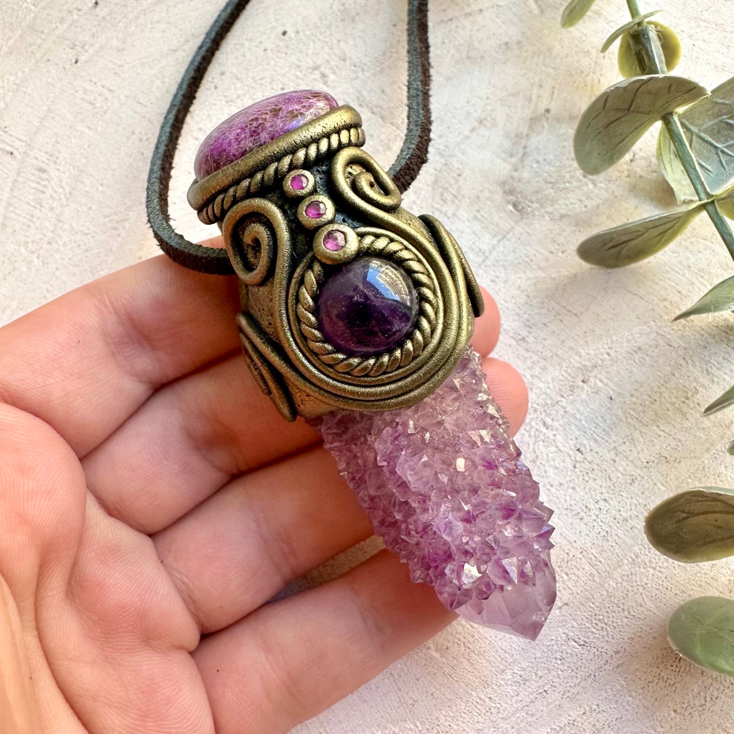 Handmade healing crystal pendant necklace with Spirit Quartz, Stichtite, Amethyst and Ruby.