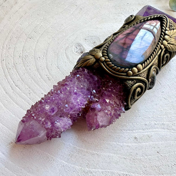 Handmade crystal energy tool crafted with Spirit Quartz, Amethyst and Purple Labradorite.