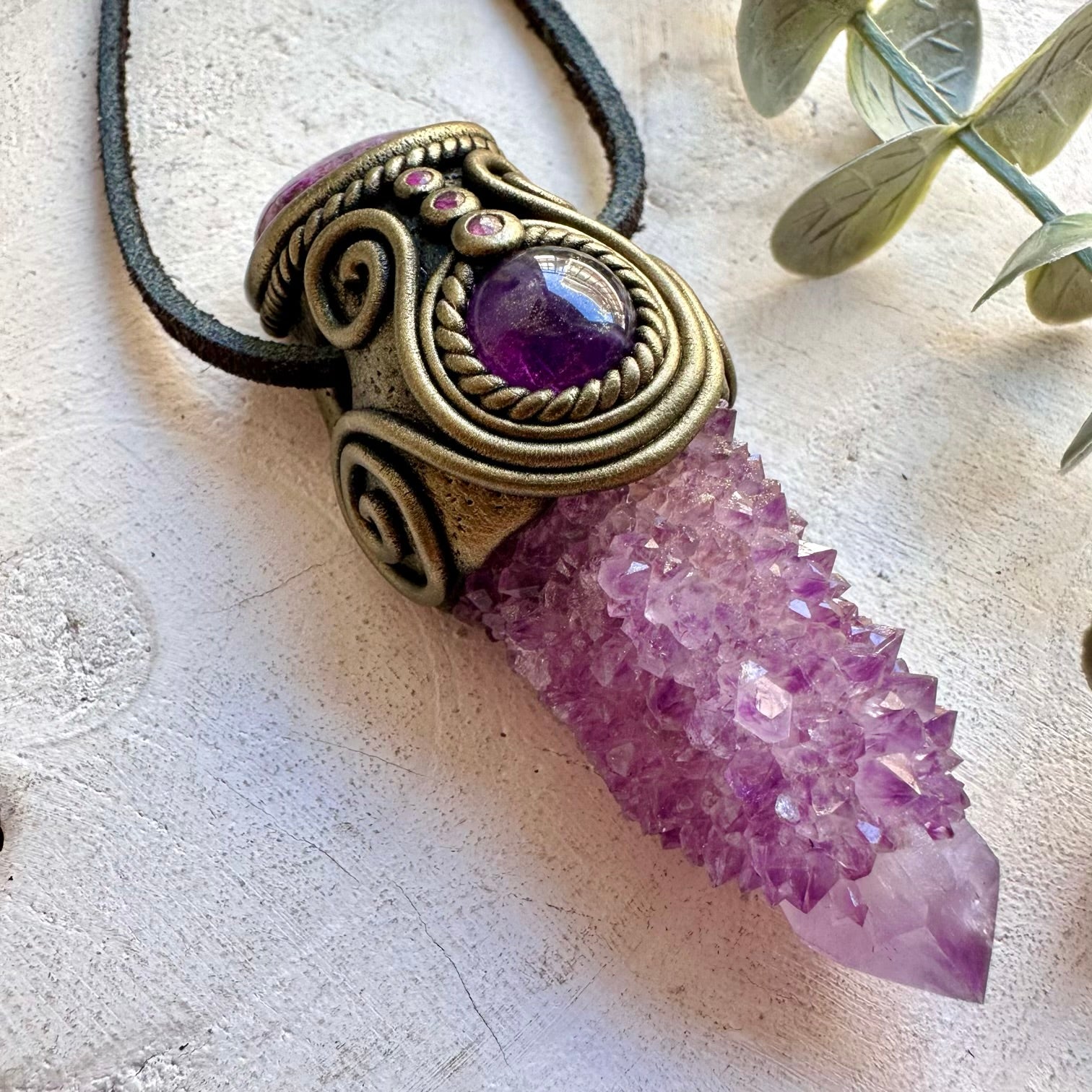 Spirit Quartz with Stichtite, Amethyst and Ruby pendant necklace handcrafted as a unique healing crystal tool.
